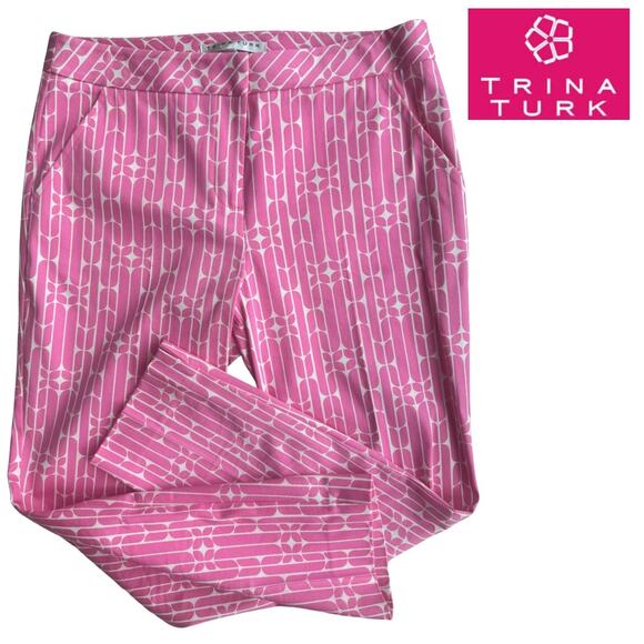 TRINA TURK REGULAR FIT MOSS 2 PANT Cara Cara Herringbone Cotton Candy Pink 8 EUC - Picture 5 of 9
